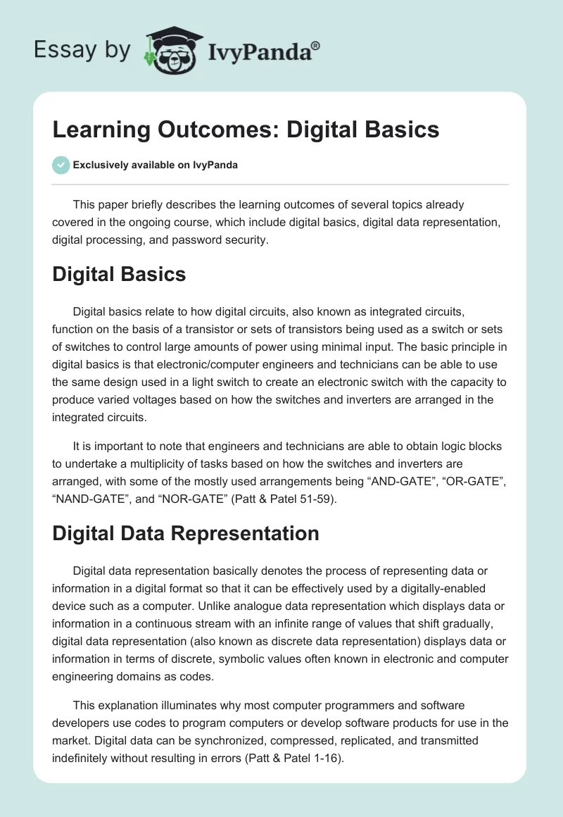 Learning Outcomes: Digital Basics. Page 1