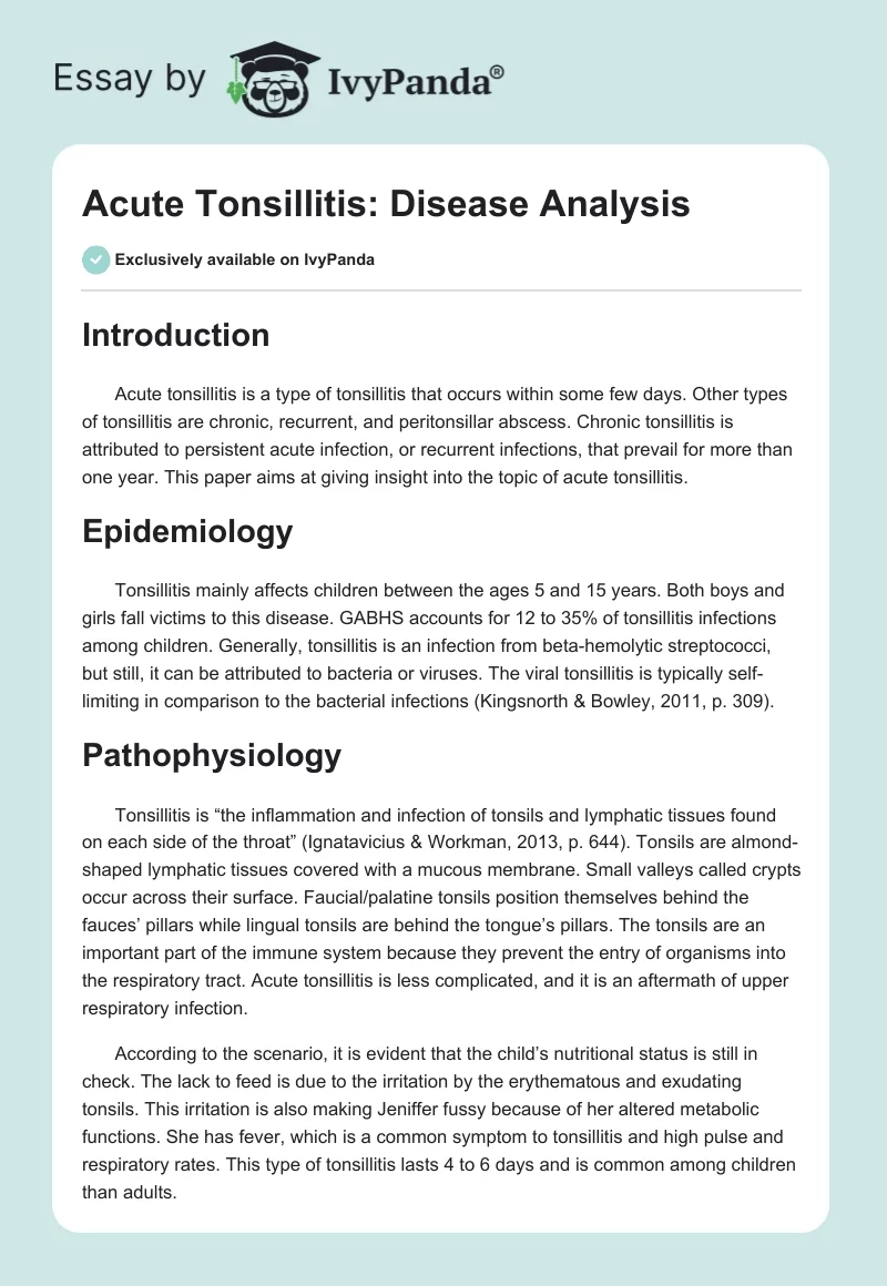 Acute Tonsillitis: Disease Analysis. Page 1