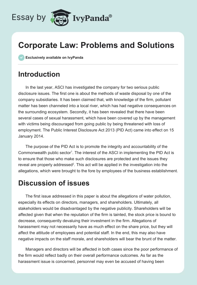Corporate Law: Problems and Solutions. Page 1