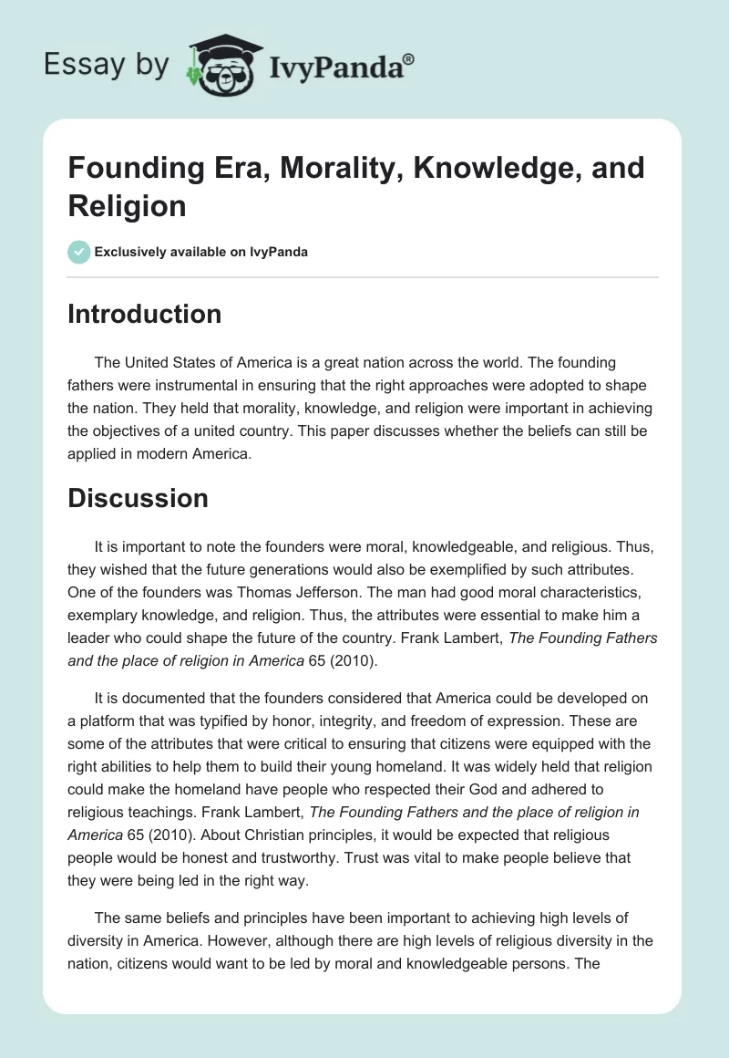 Founding Era, Morality, Knowledge, and Religion. Page 1