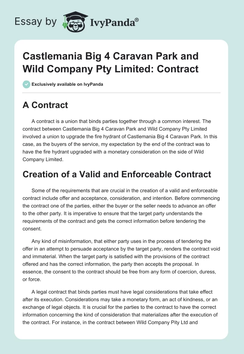 Castlemania Big 4 Caravan Park and Wild Company Pty Limited: Contract. Page 1