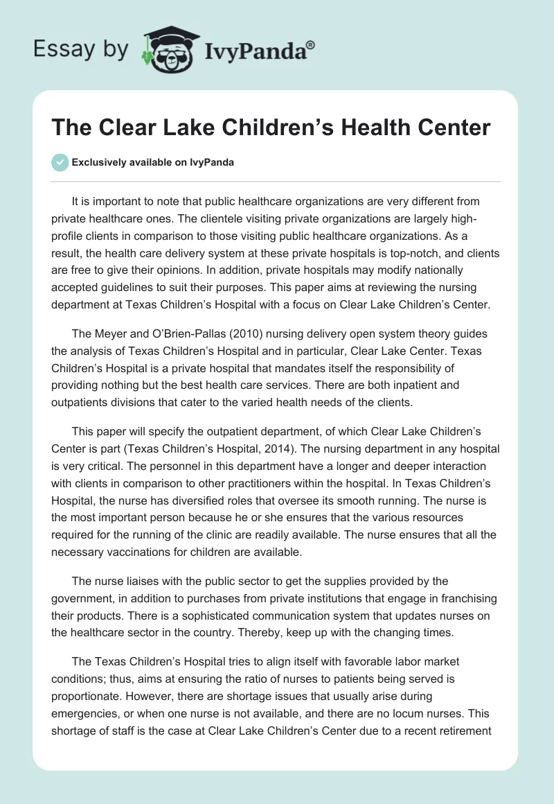 The Clear Lake Children’s Health Center. Page 1