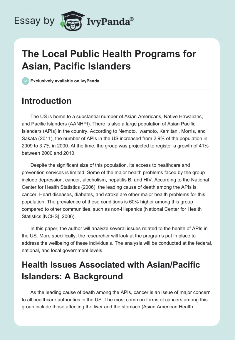 The Local Public Health Programs for Asian, Pacific Islanders. Page 1