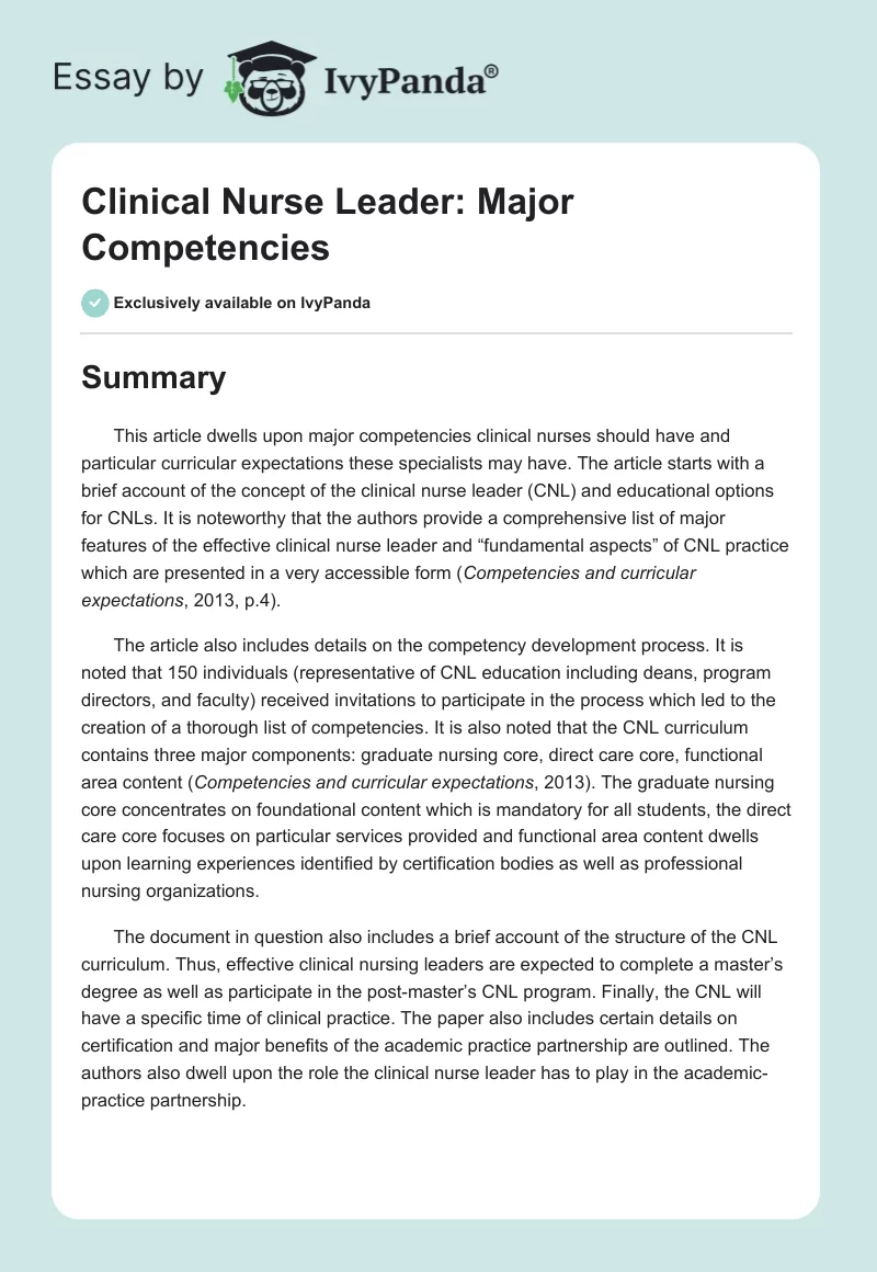 Clinical Nurse Leader: Major Competencies. Page 1