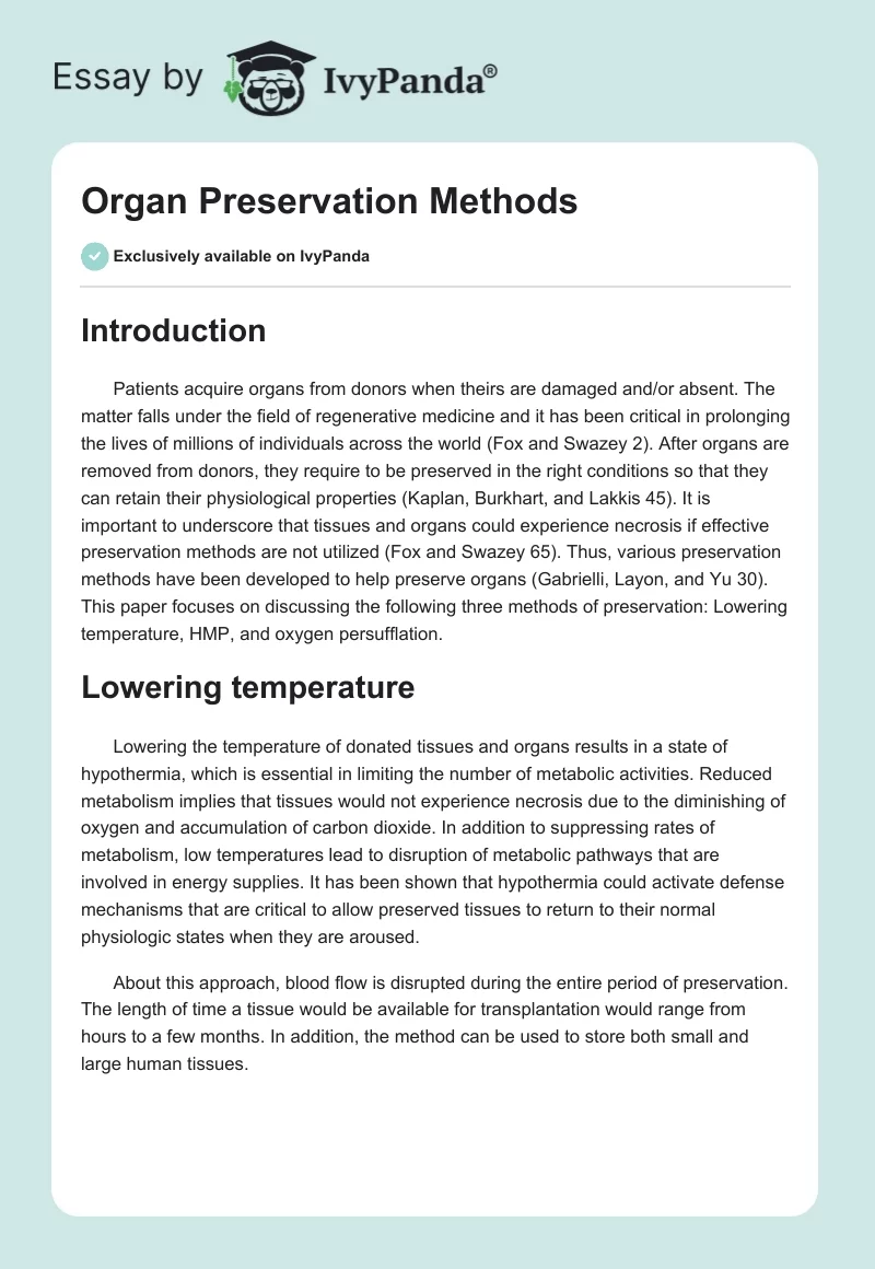 Organ Preservation Methods. Page 1