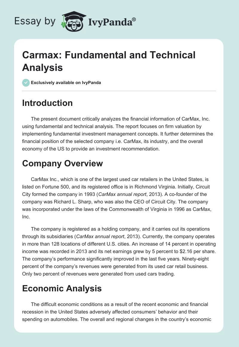 Carmax: Fundamental and Technical Analysis. Page 1