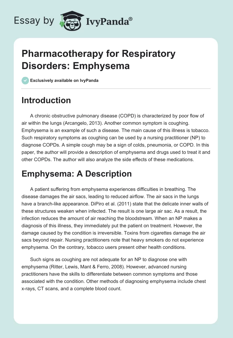 Pharmacotherapy for Respiratory Disorders: Emphysema. Page 1