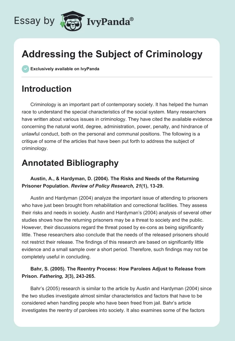 Addressing the Subject of Criminology. Page 1