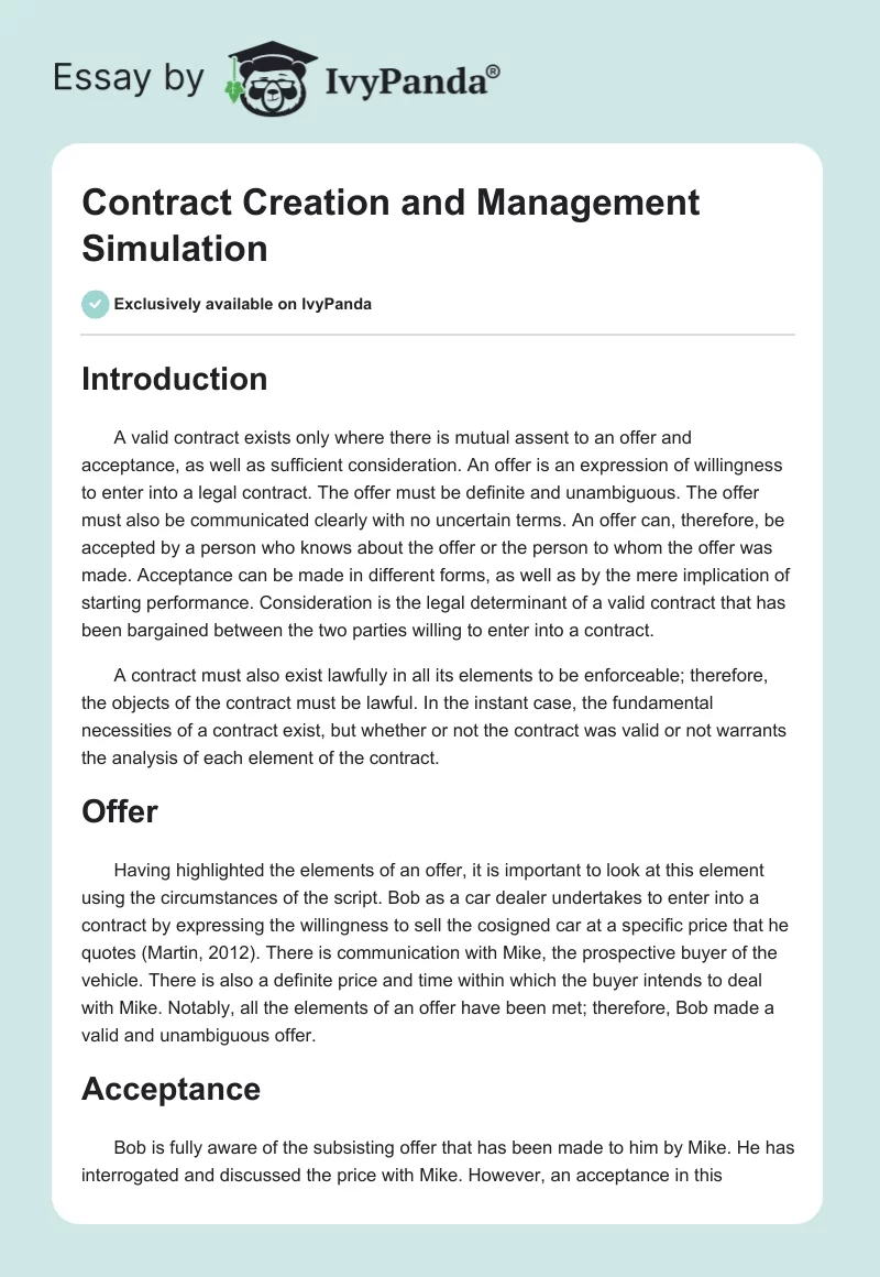 Contract Creation and Management Simulation. Page 1