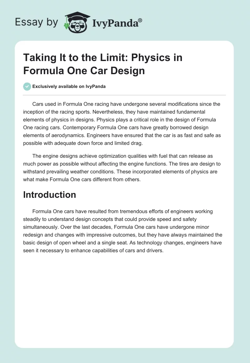 Taking It to the Limit: Physics in Formula One Car Design. Page 1