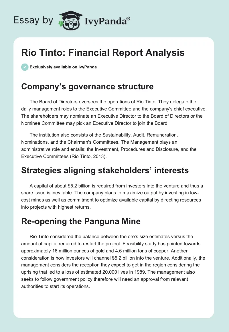 Rio Tinto: Financial Report Analysis. Page 1