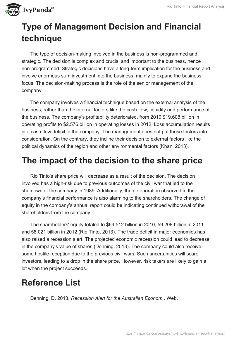 Rio Tinto: Financial Report Analysis. Page 2