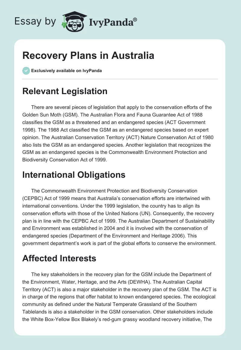 Recovery Plans in Australia. Page 1