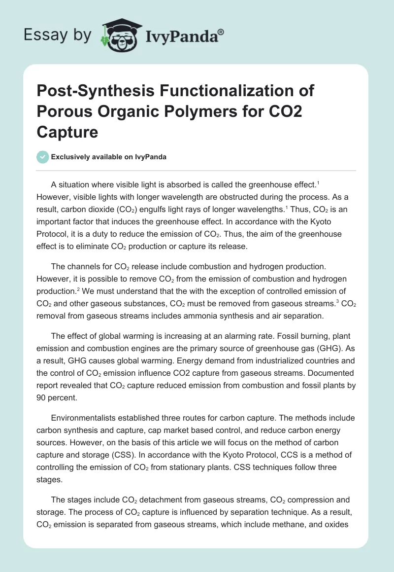 Post-Synthesis Functionalization of Porous Organic Polymers for CO2 Capture. Page 1