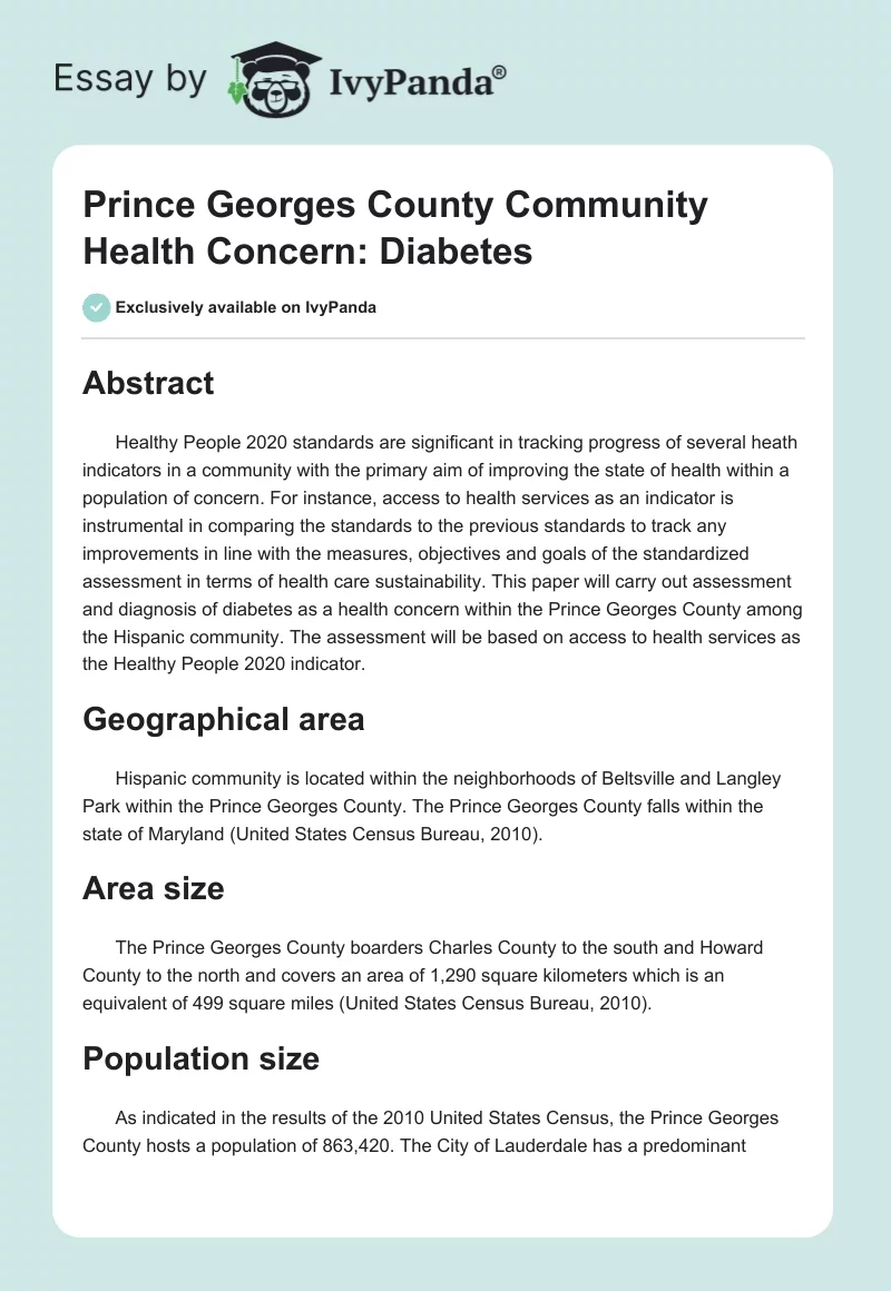Prince Georges County Community Health Concern: Diabetes. Page 1