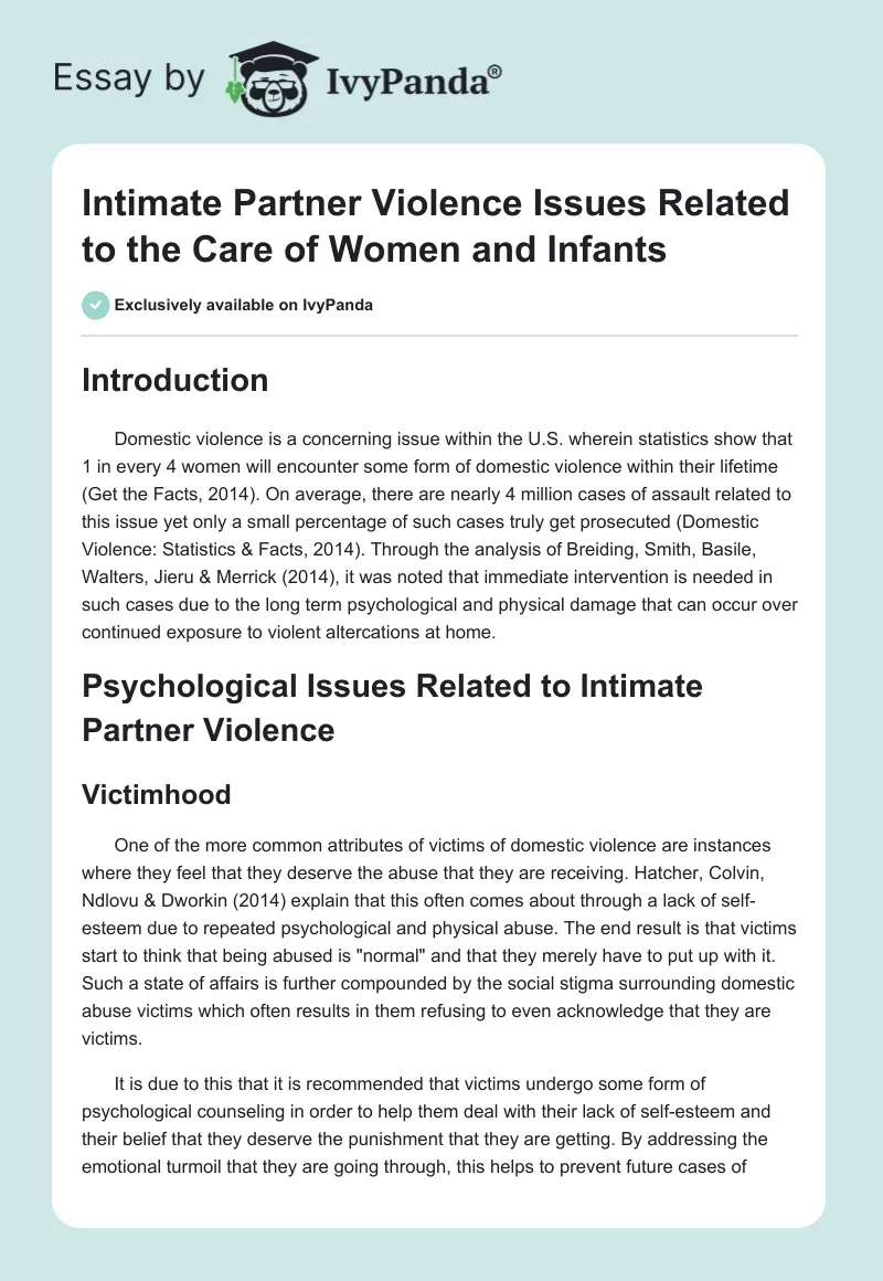 Intimate Partner Violence Issues Related to the Care of Women and Infants. Page 1