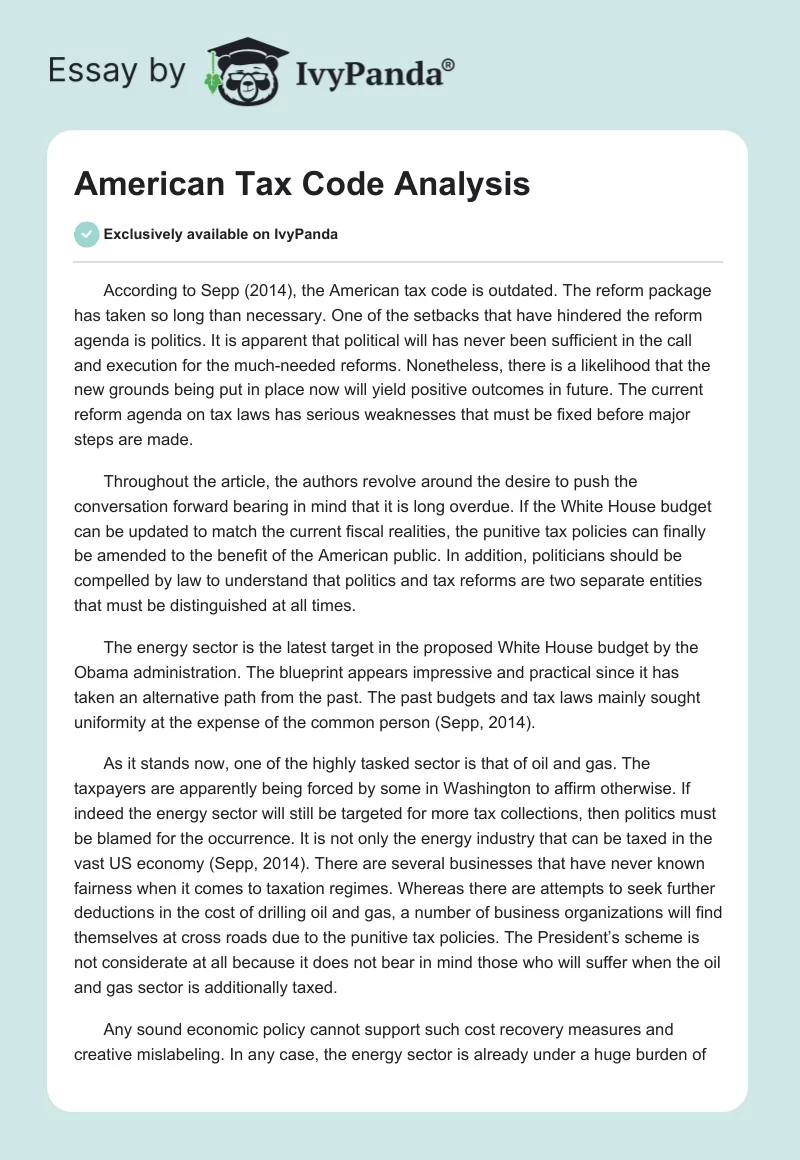 American Tax Code Analysis. Page 1