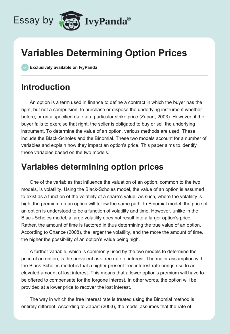 Variables Determining Option Prices. Page 1