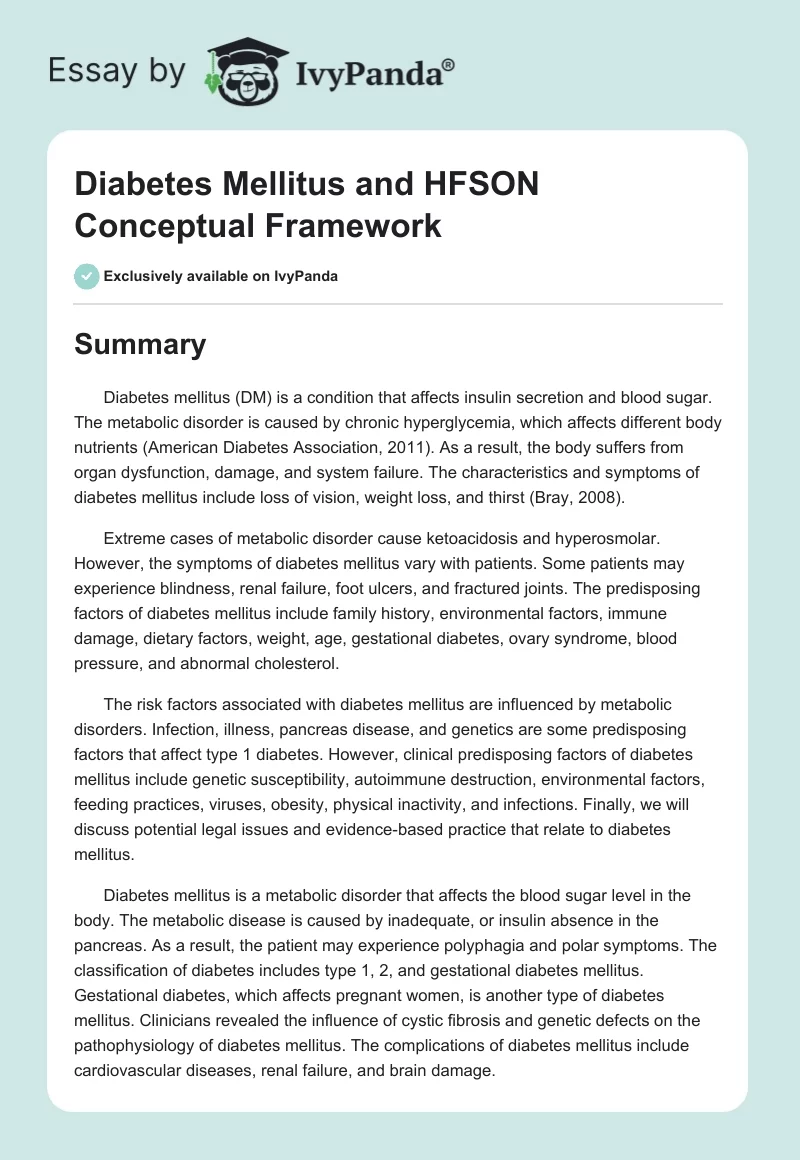 Diabetes Mellitus and HFSON Conceptual Framework. Page 1