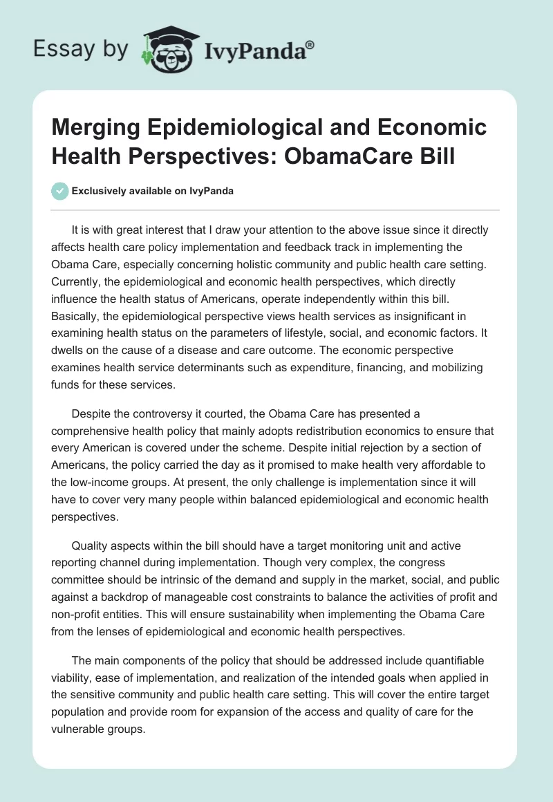 Merging Epidemiological and Economic Health Perspectives: ObamaCare Bill. Page 1