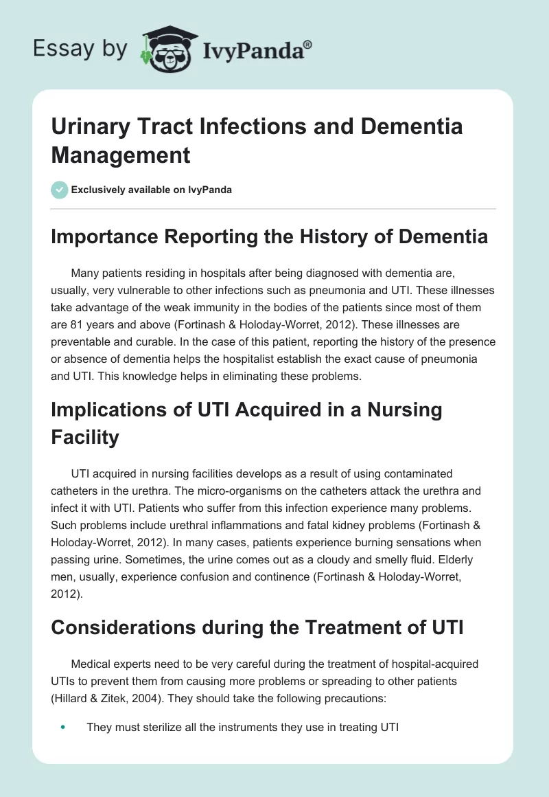 Urinary Tract Infections and Dementia Management. Page 1