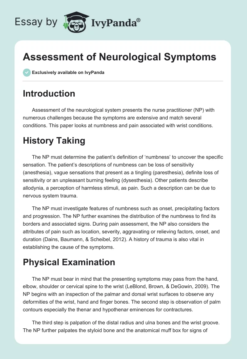 Assessment of Neurological Symptoms. Page 1