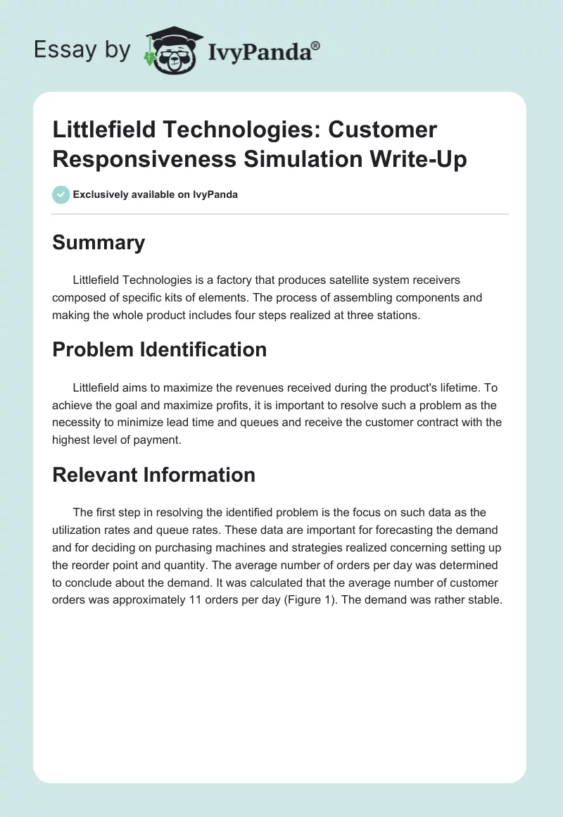 Littlefield Technologies: Customer Responsiveness Simulation Write-Up. Page 1
