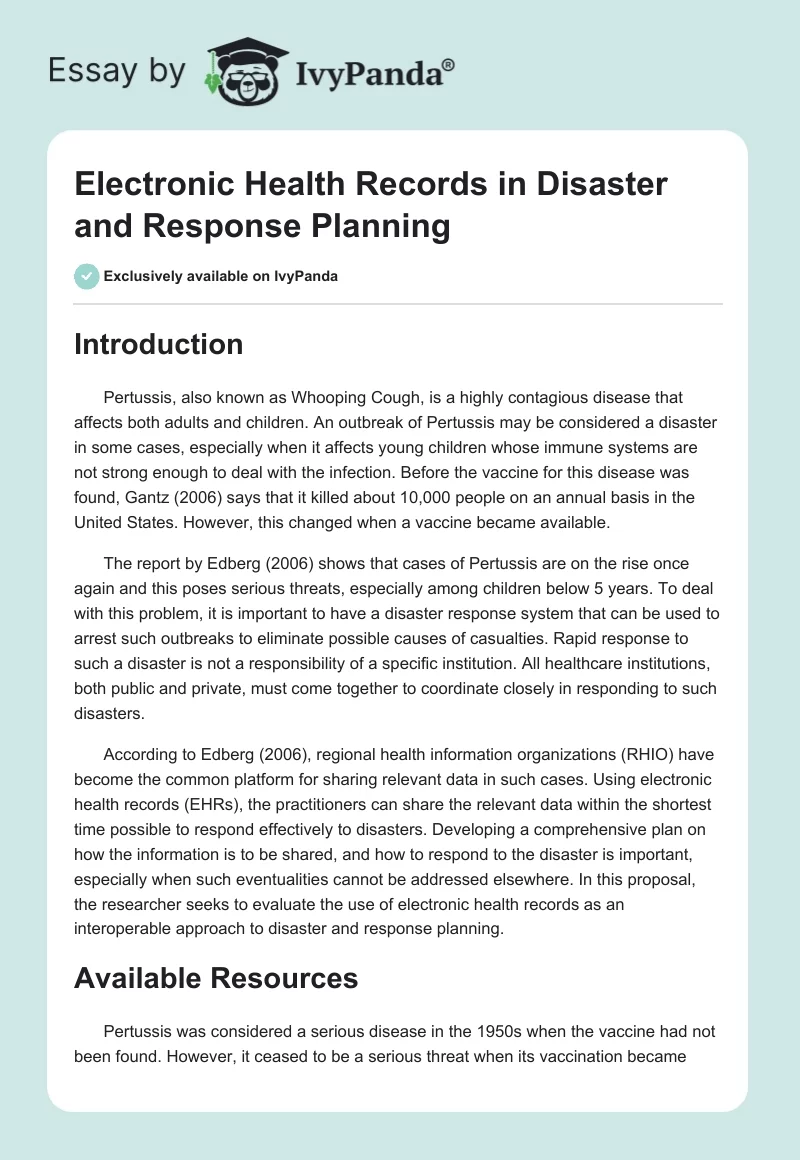 Electronic Health Records in Disaster and Response Planning. Page 1