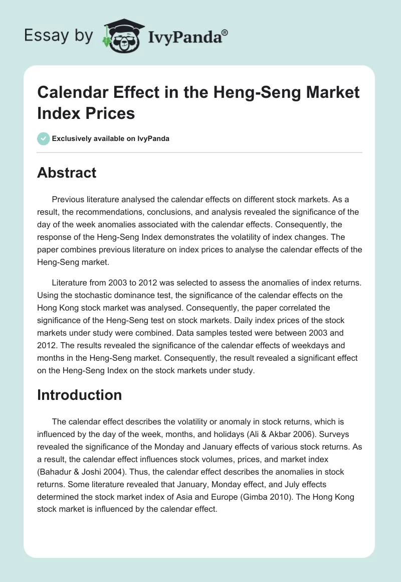 Calendar Effect in the Heng-Seng Market Index Prices. Page 1