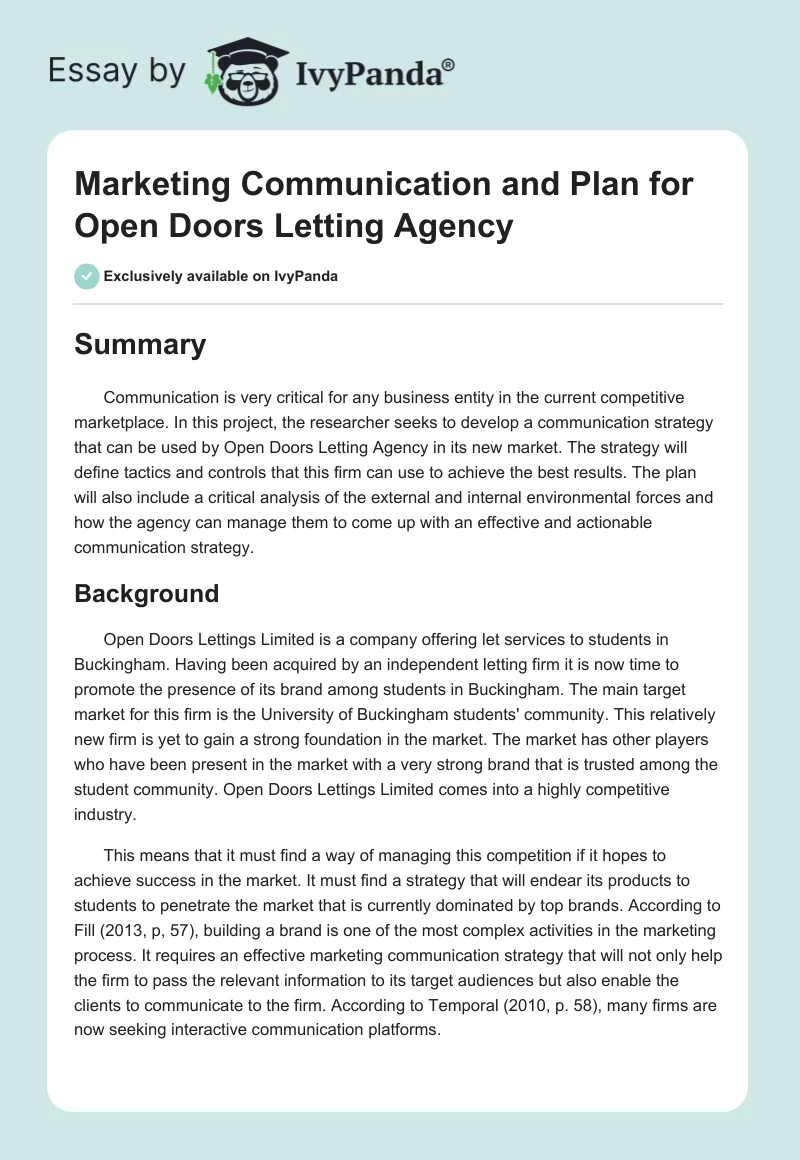 Marketing Communication and Plan for Open Doors Letting Agency. Page 1