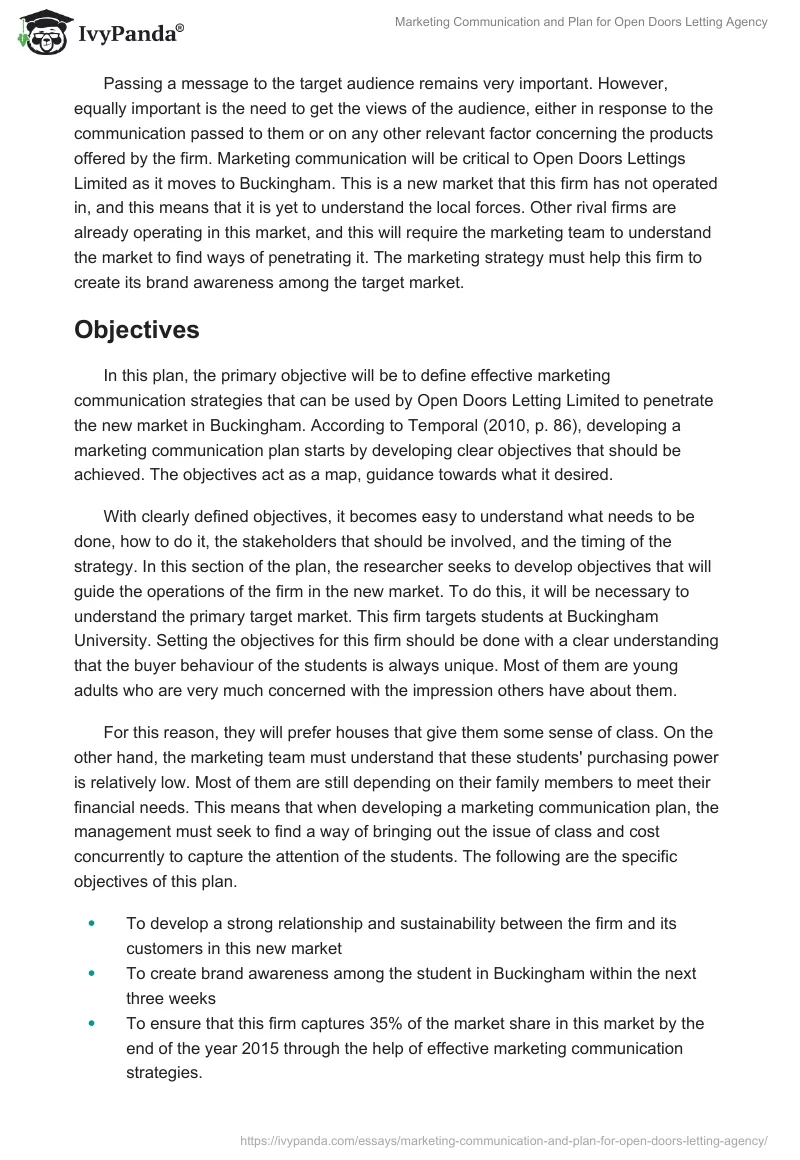 Marketing Communication and Plan for Open Doors Letting Agency. Page 2
