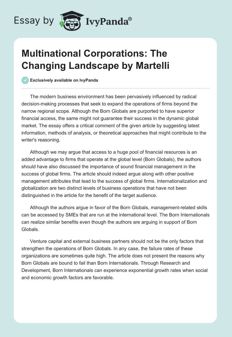 "Multinational Corporations: The Changing Landscape" by Martelli. Page 1