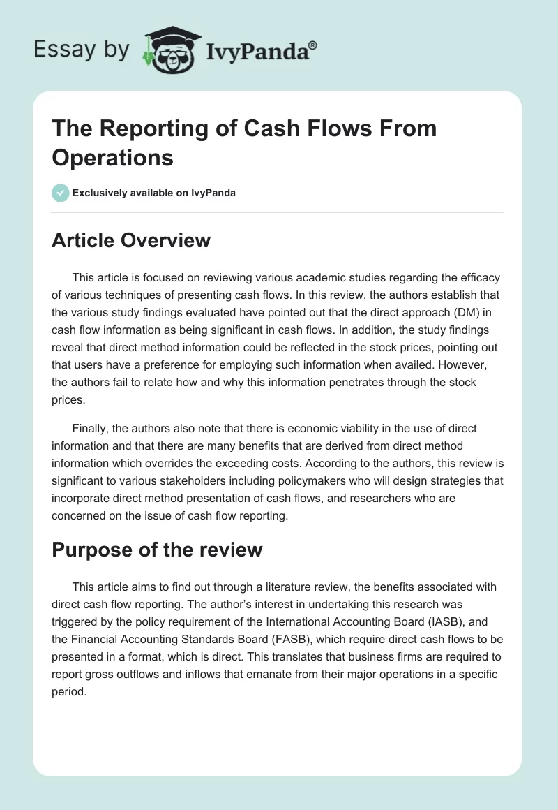 The Reporting of Cash Flows From Operations. Page 1