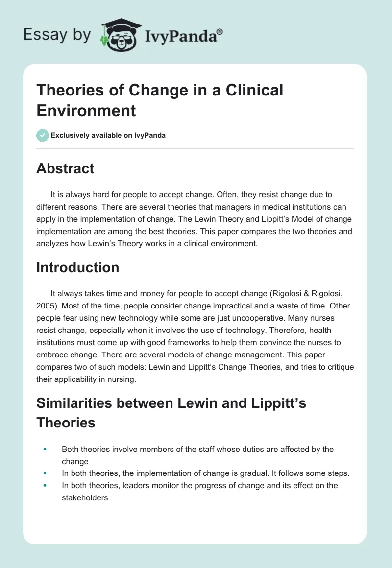 Theories of Change in a Clinical Environment. Page 1