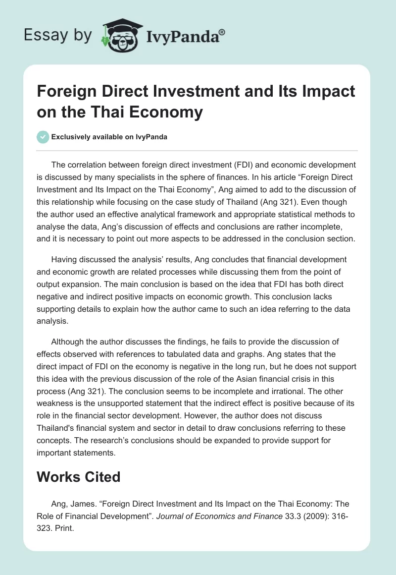 Foreign Direct Investment and Its Impact on the Thai Economy. Page 1