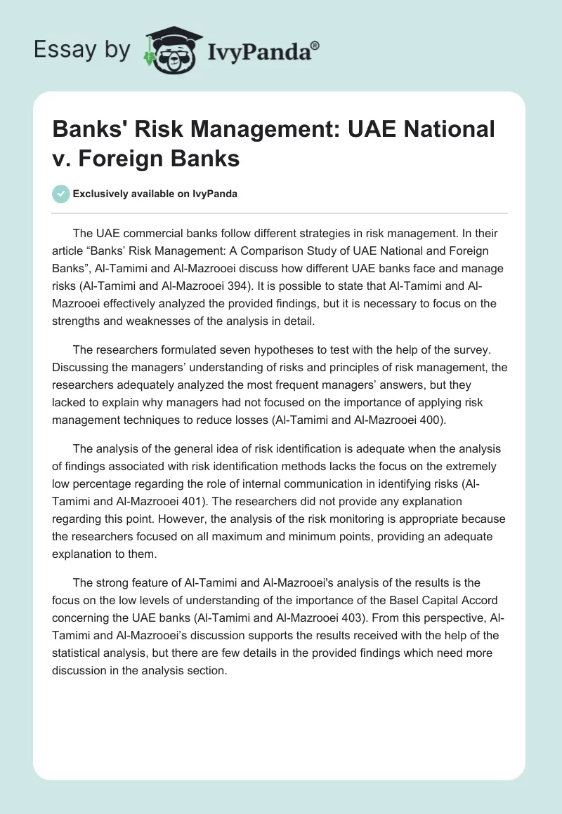 Banks' Risk Management: UAE National v. Foreign Banks. Page 1