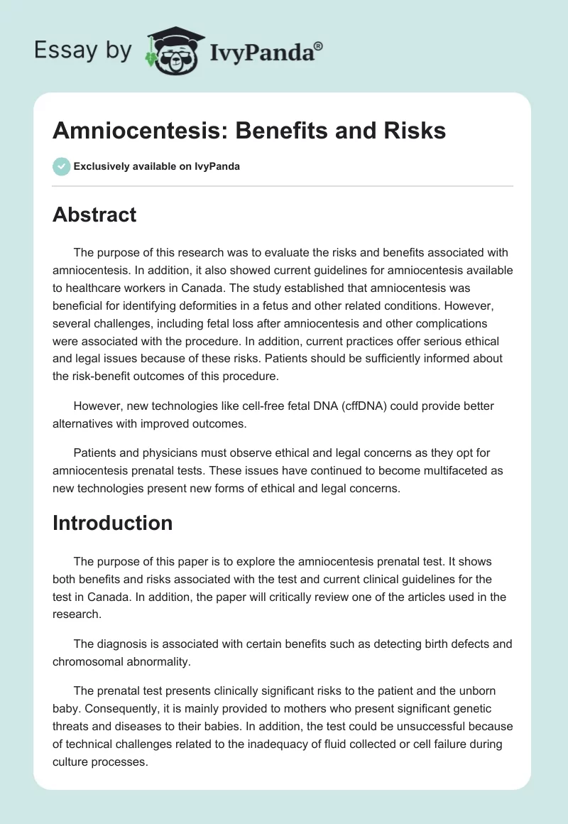 Amniocentesis: Benefits and Risks. Page 1