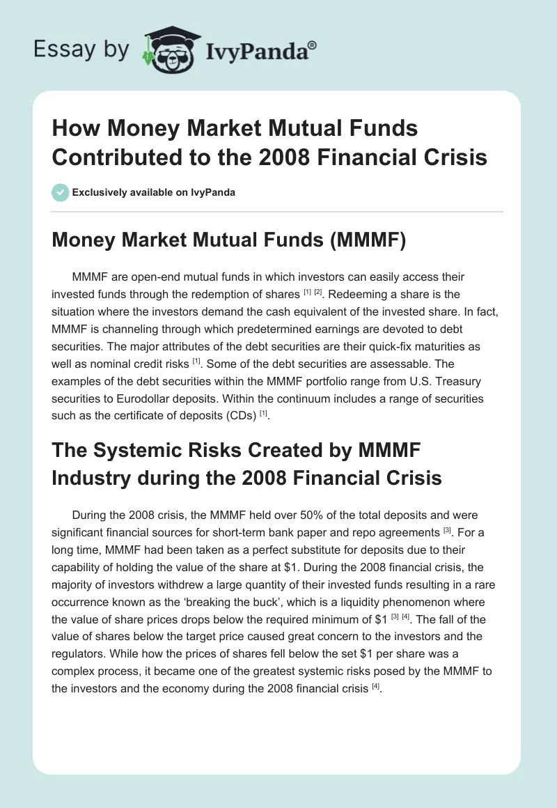 How Money Market Mutual Funds Contributed to the 2008 Financial Crisis. Page 1