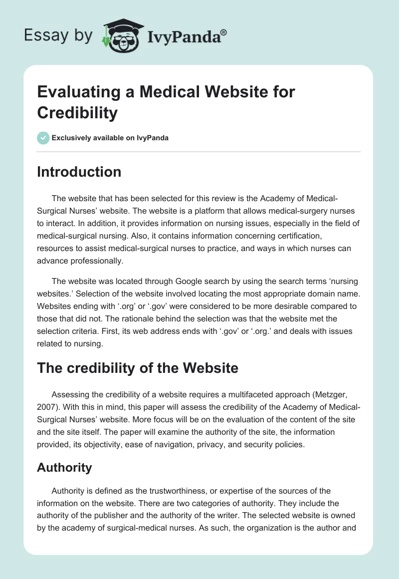 Evaluating a Medical Website for Credibility. Page 1