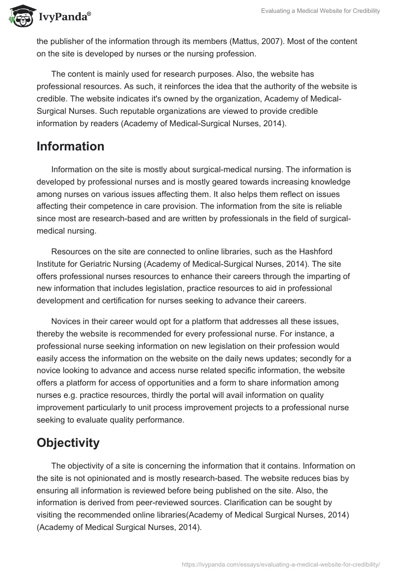 Evaluating a Medical Website for Credibility. Page 2