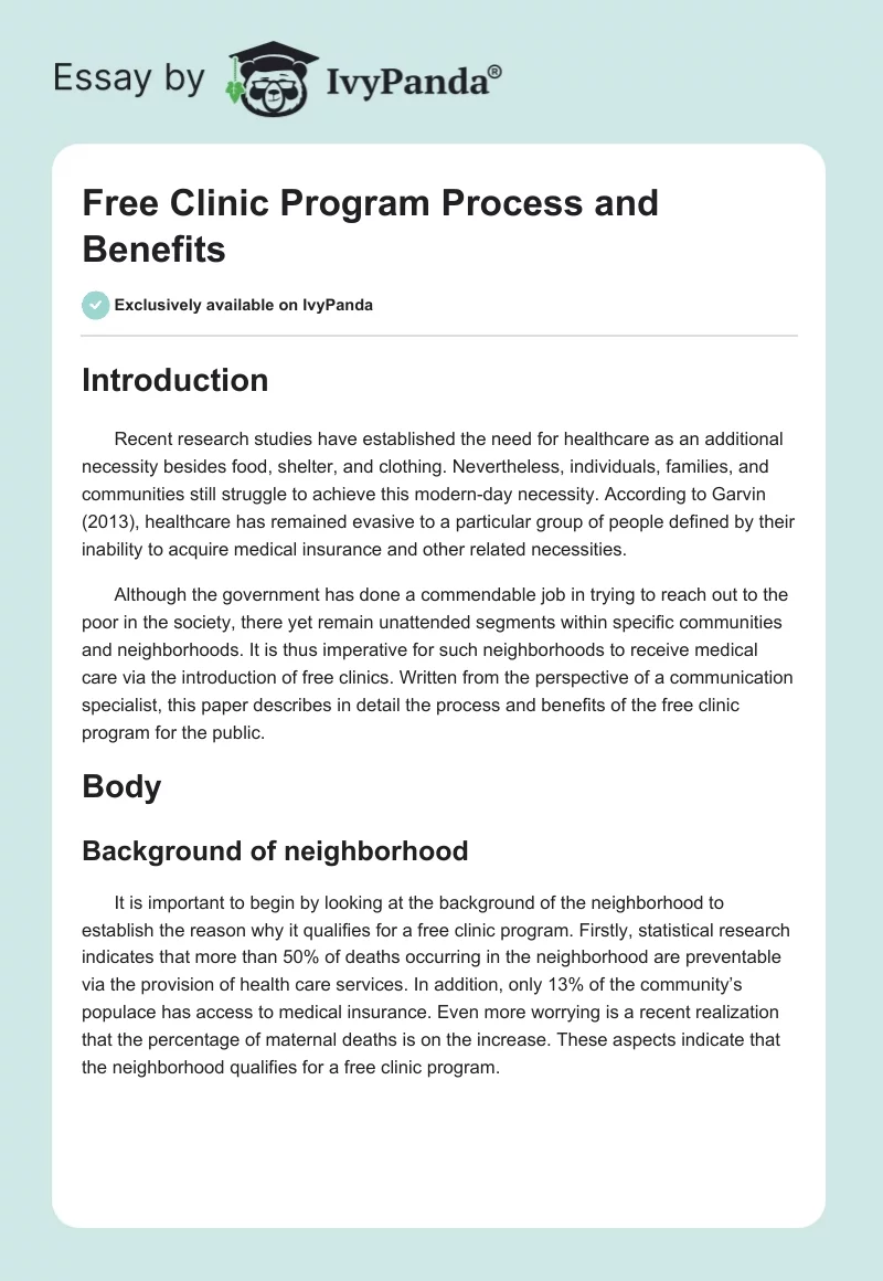 Free Clinic Program Process and Benefits. Page 1