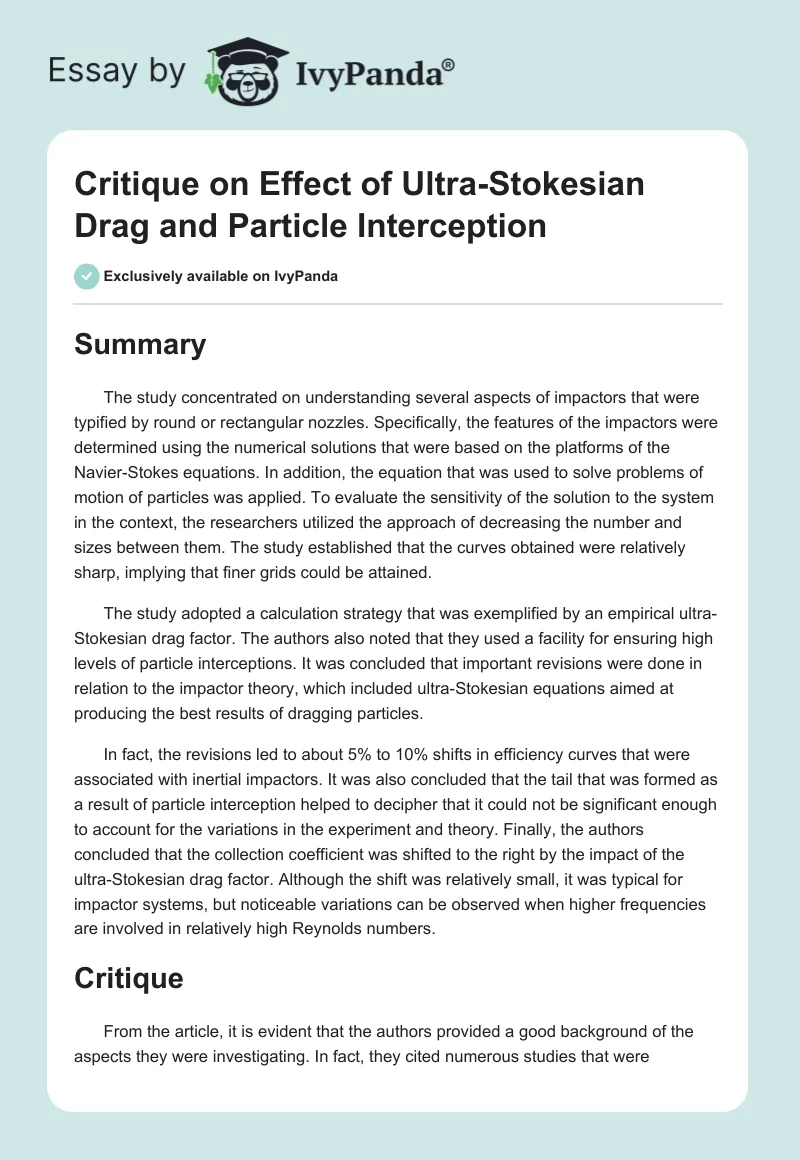 Critique on Effect of Ultra-Stokesian Drag and Particle Interception. Page 1