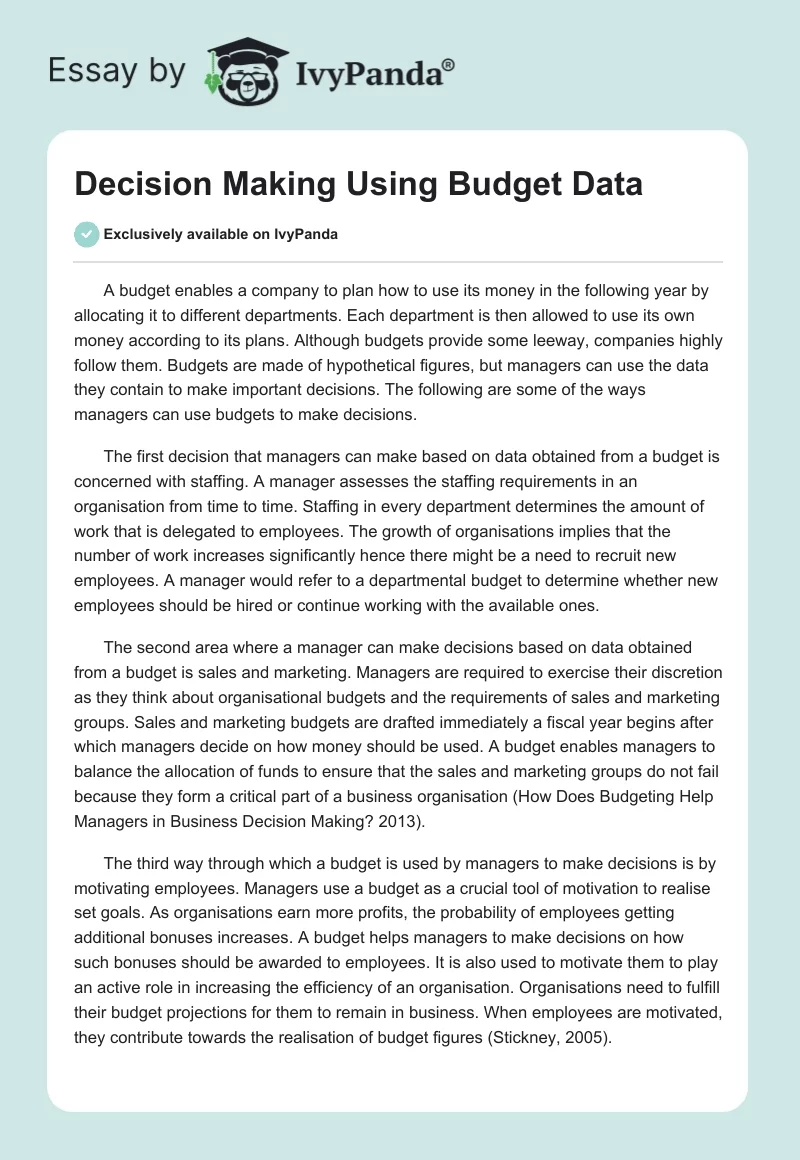 Decision Making Using Budget Data. Page 1