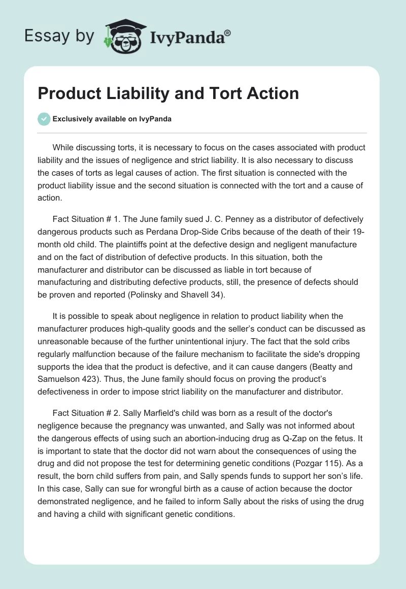 Product Liability and Tort Action. Page 1