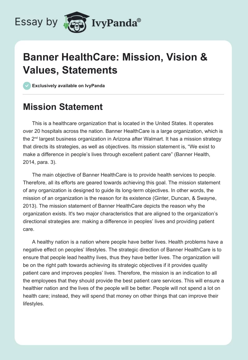 Banner HealthCare: Mission, Vision & Values, Statements. Page 1