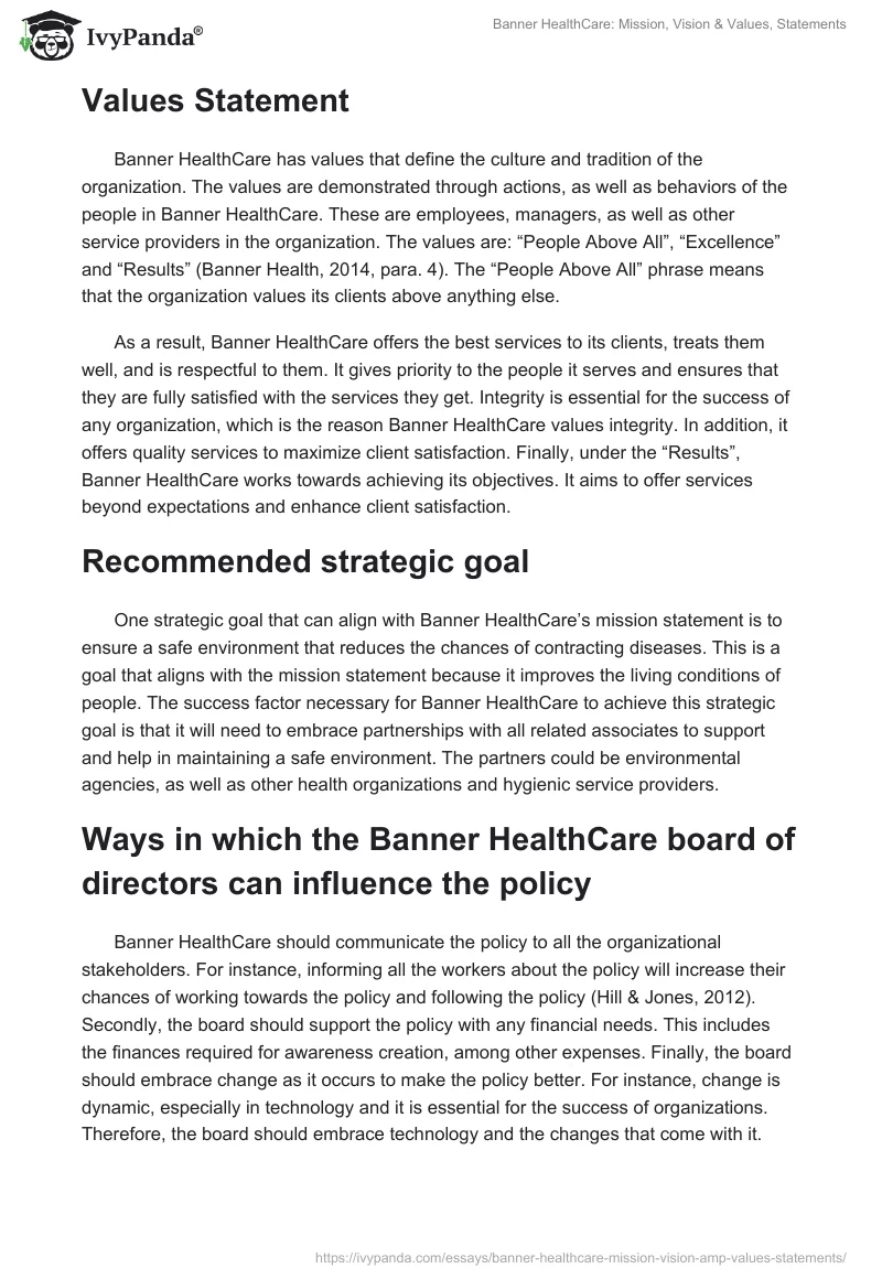 Banner HealthCare: Mission, Vision & Values, Statements. Page 2