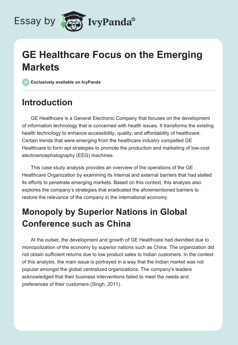 GE Healthcare Focus on the Emerging Markets. Page 1