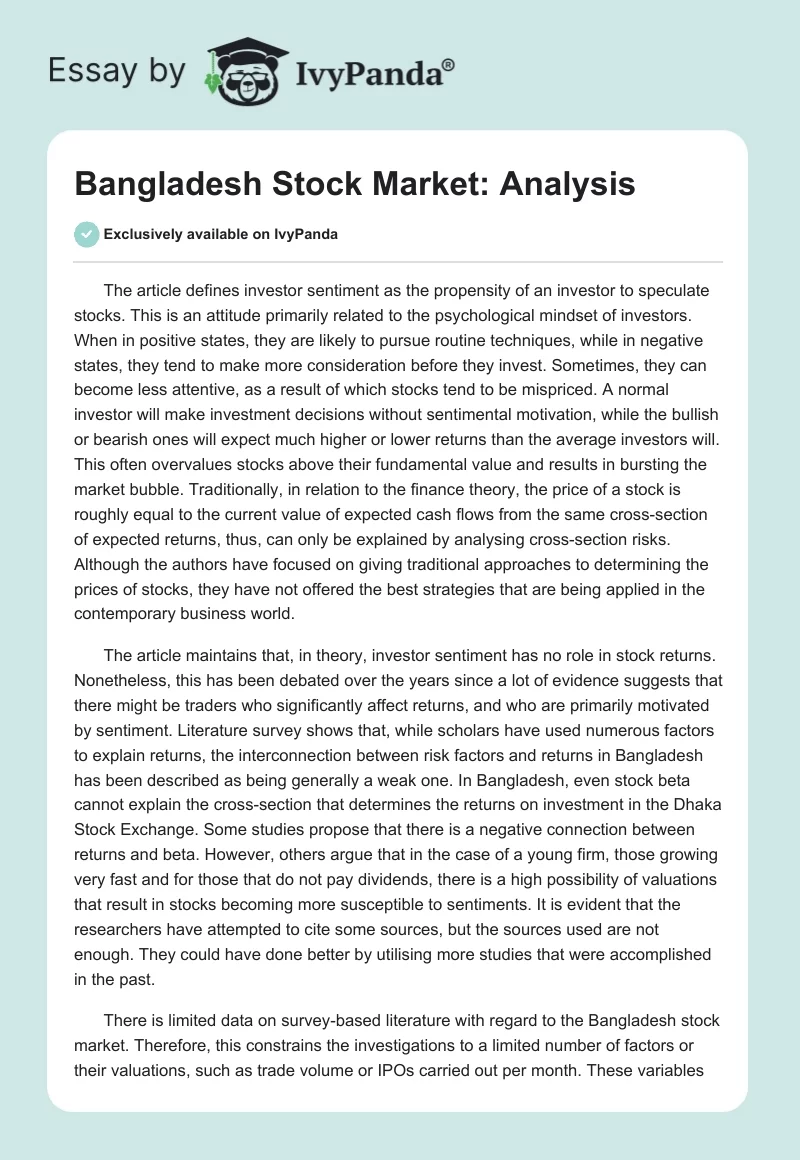 Bangladesh Stock Market: Analysis. Page 1