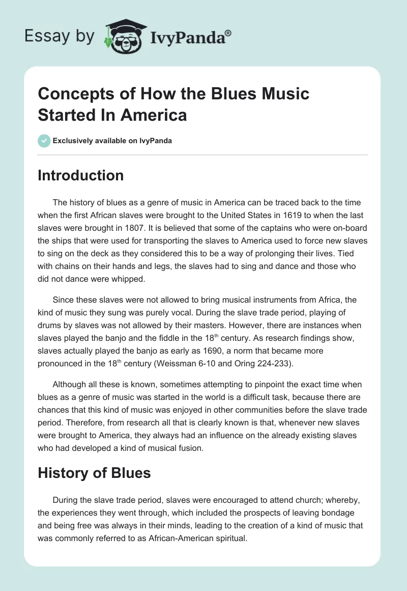 Concepts of How the Blues Music Started In America. Page 1