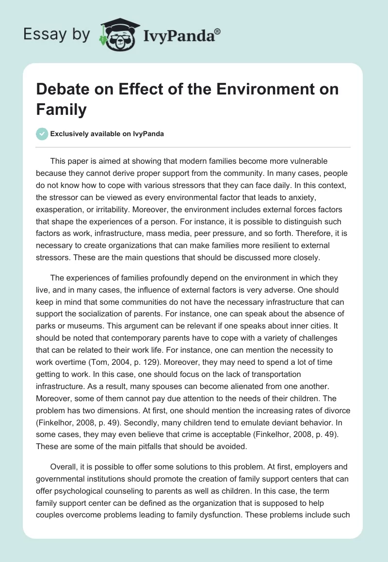 Debate on Effect of the Environment on Family. Page 1